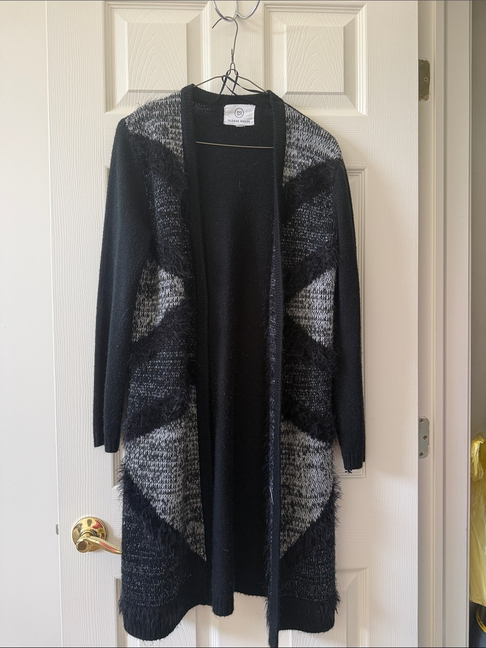 Long Open-Front Black and Gray Geometric Knit Cardigan